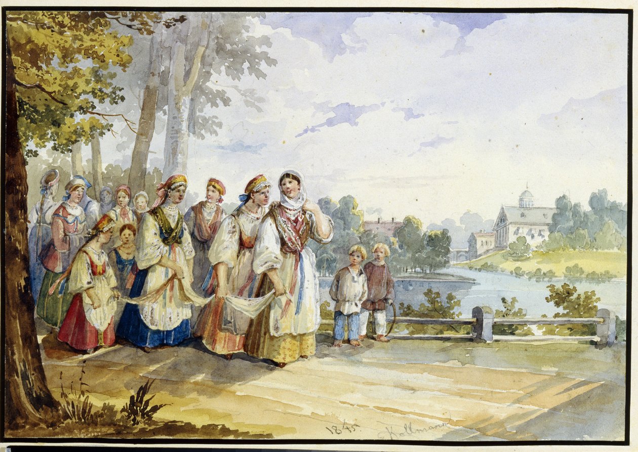 Ryska bondflickor med festivalklänning. Verk av Karl Ivanovich Kolmann (1786-1846), akvarell på kartong av Karl Ivanovich Kolmann