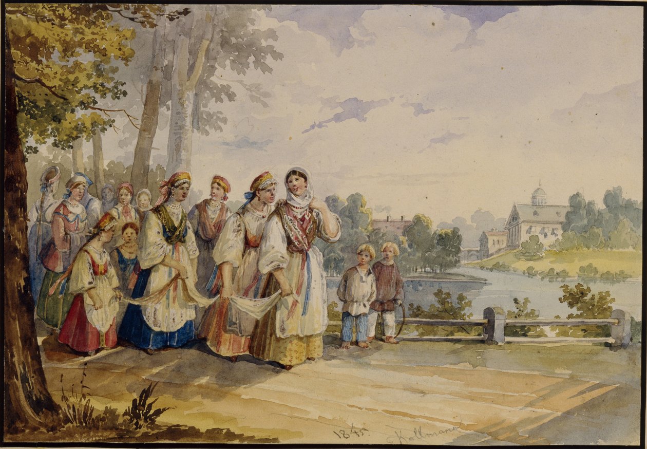 Ryska bondflickor med festklänning, 1845 av Karl Ivanovich Kolmann