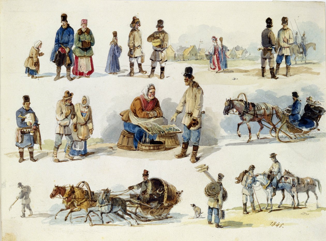 Ryska folktyper. (Folktyper av Ryssland). Verk av Karl Ivanovich Kolmann (1786-1846), akvarell på kartong av Karl Ivanovich Kolmann