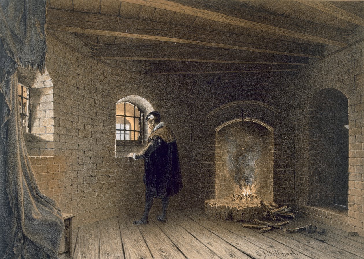 Fängelse för hertig John, son till Gustav I, på Gripsholm, efter Eriks avsättning, pub. c1853-64. av Karl Johann Billmark