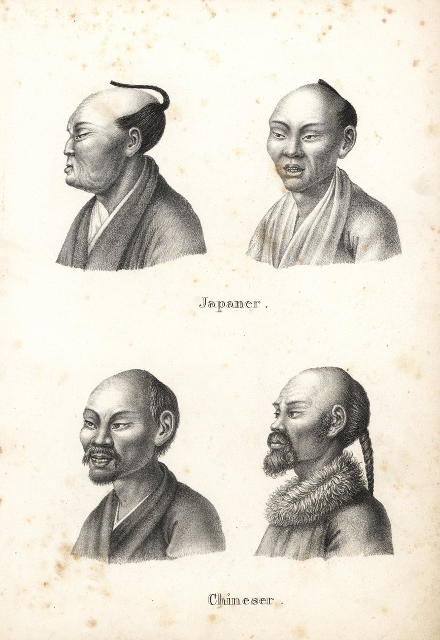 Byster av japanska män med chonmage topknotfrisyr och kinesiska män med skägg, en med pigtail. Litografi av Karl Joseph Brodtmann ur Heinrich Rudolf Schinz