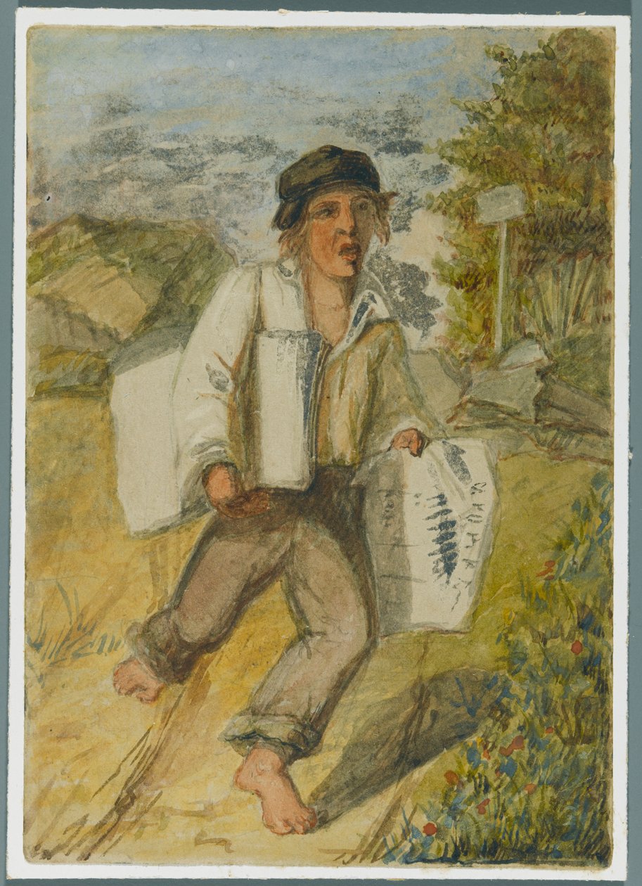 Newspaper Boy, 1864 (wc över svart media underritning) av Karl L.H. Mueller