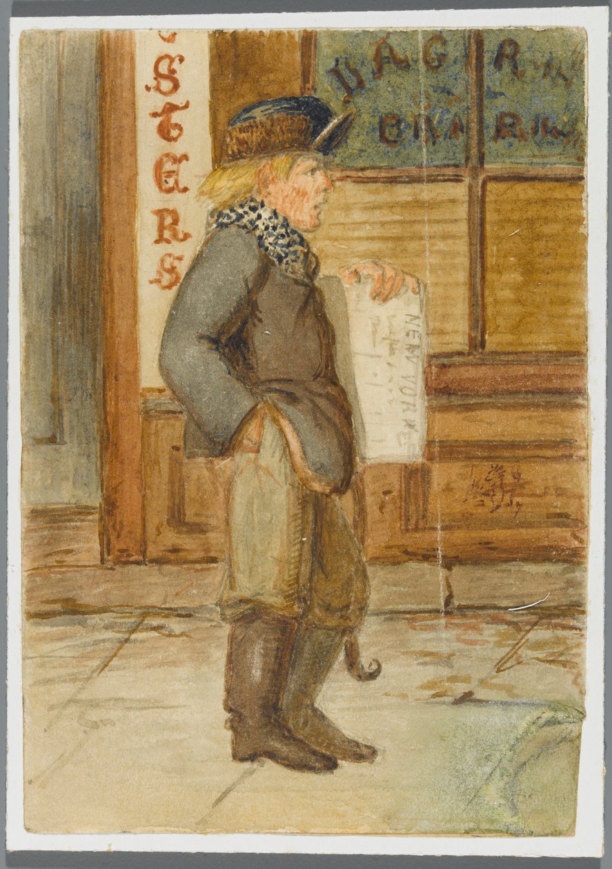 Newspaper Boy, 1864 (wc över svart media underritning) av Karl L.H. Mueller