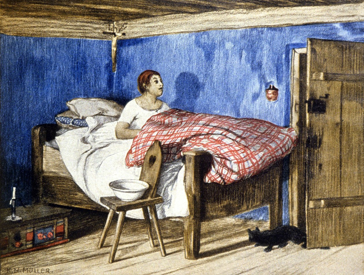 Katt besöker en kvinna i hennes sovrum, tidigt 1900-tal (illustration) av Karl L. H. Müller