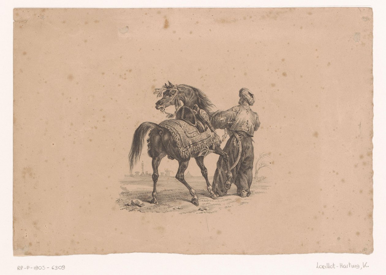 Häst och stående man i osmanska kläder Hästar och ryttare (serietitel) av Karl Loeillot Hartwig