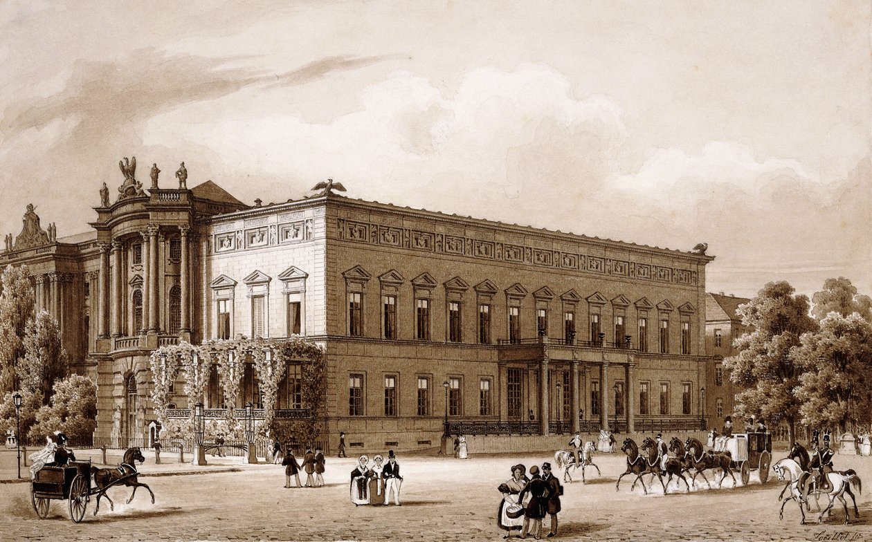 Unter den Linden, Berlin. Prins Wilhelms palats, byggt av Karl Langhans 1834-36, och Kungliga biblioteket, byggt av Georg Christian Unger 1775-78 enligt ritningar av Josef Emanuel Fischer von Erlach, med utsikt över Platz am Opernhaus, av Karl Loeillot Hartwig