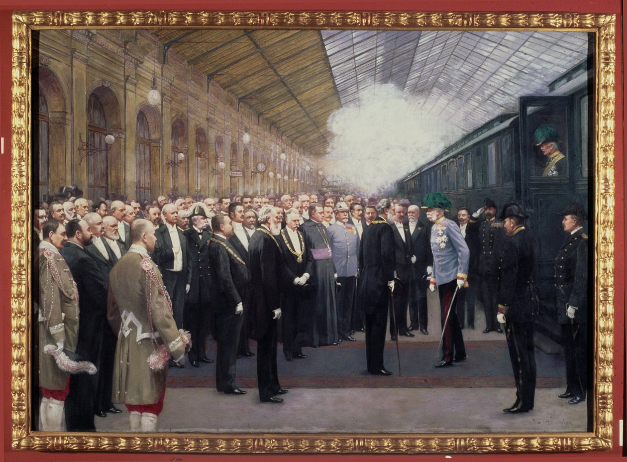 Mottagning av kejsar Franz Joseph I av Österrike (1830-1916) på statsjärnvägsstationen med anledning av annekteringen av Bosnien och Hercegovina den 31 oktober av Karl Maria Schuster