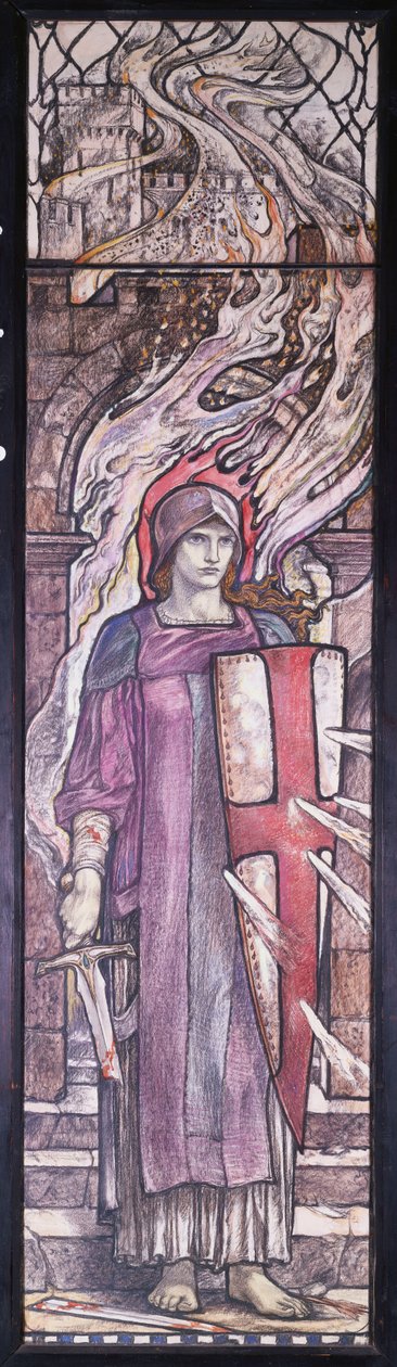 Fortitude: Design för målat glas vid All Saints Church, Eastchurch, Isle of Sheppey, ca 1912 (svarta och färgade kritor, akvarell och kroppsfärg) av Karl Parsons