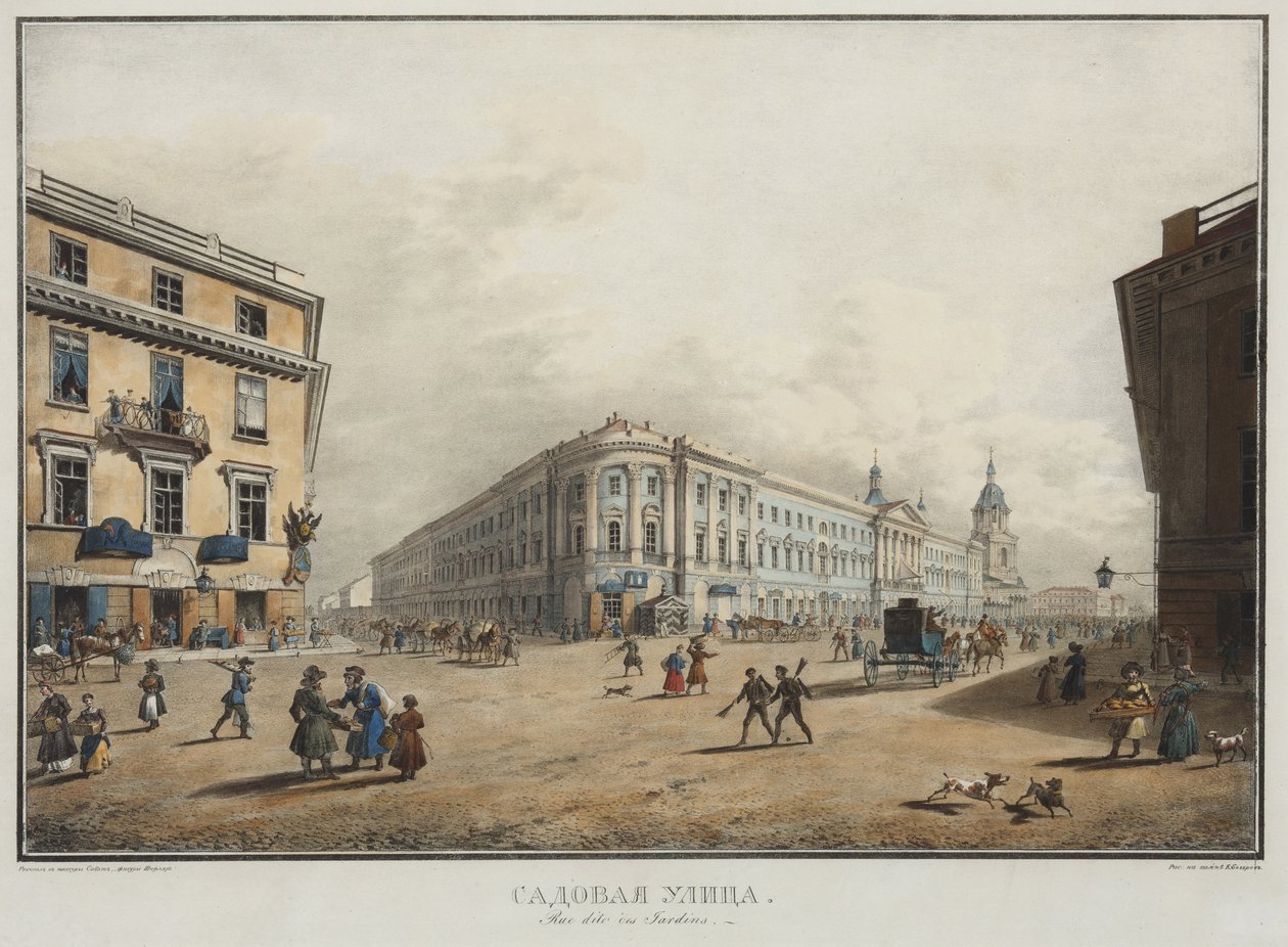 Utsikt över Sadovaya Street i Sankt Petersburg - Karl Petrovich Beggrov (1799-1875). Litografi, akvarell av Karl Pavlovich Beggrov