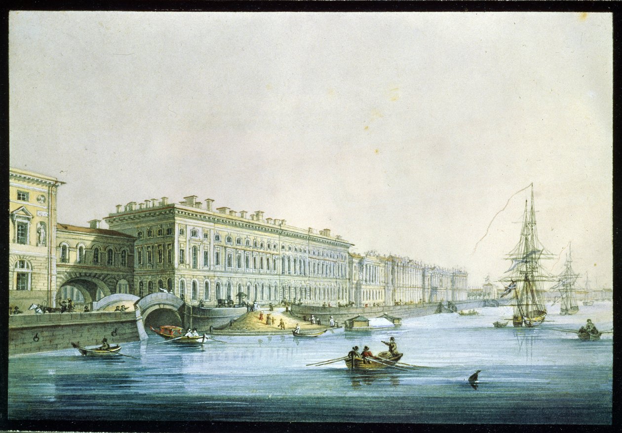 Utsikt över palatsvallen i St Petersburg. Målning av Karl Petrovich Beggrov (1799-1875). Akvarell och tusch på papper, ca 1830, rysk konst från 1800-talet, klassicism. Ryska statens museum, Saint Pet av Karl Pavlovich Beggrov