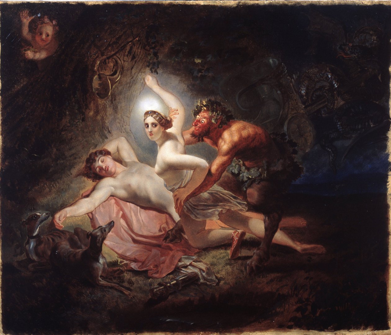 Diana, Endymion och en Satyr (Diana, Endymion och Satyr) - Målning av Karl Pavlovich Briullov (Briullov) (1799-1852), olja på kartong av Karl Pavlovich Bryullov