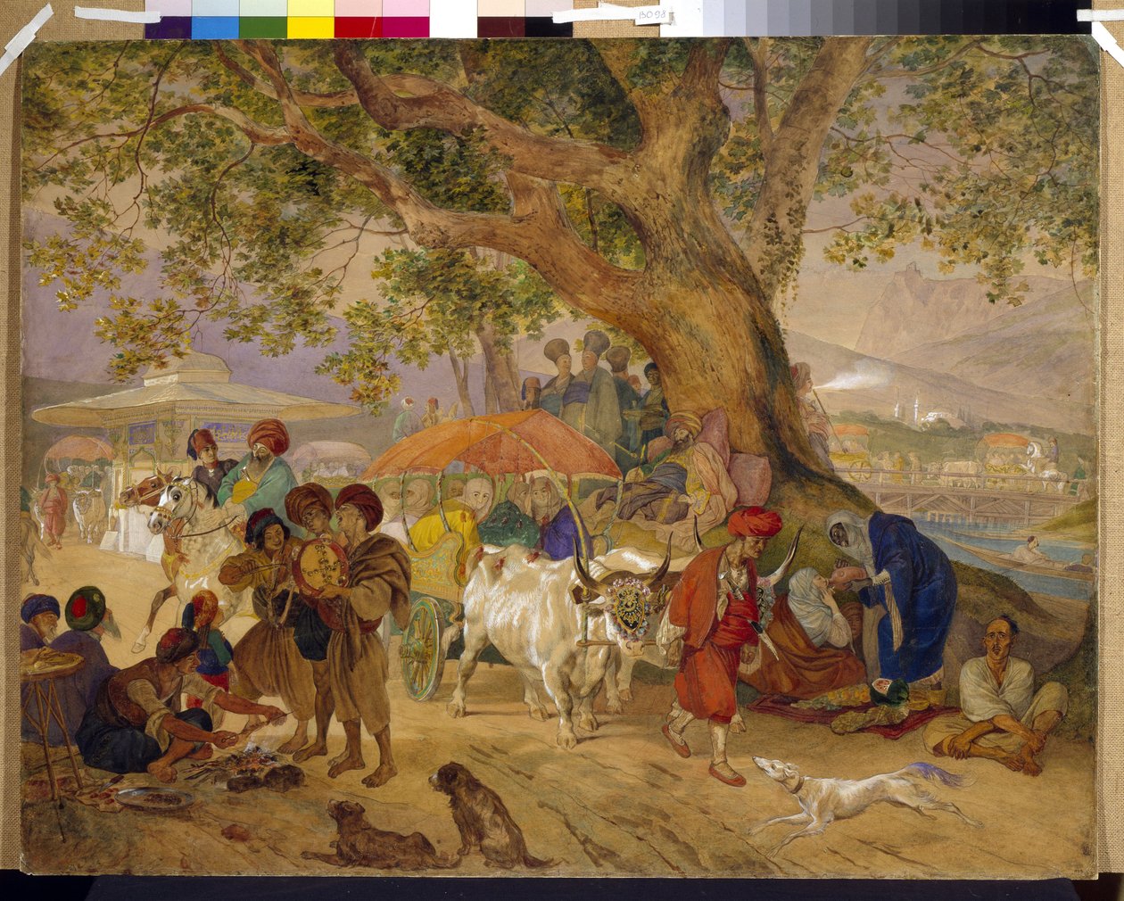 Källan till Sweet Waters nära Konstantinopel (Osmanska riket, nuvarande Istanbul, Turkiet). (Sweet Water Springs nära Konstantinopel). Verk av Karl Pavlovich Briullov (Briullov) (1799-1852), akvarell och vitt på papper av Karl Pavlovich Bryullov