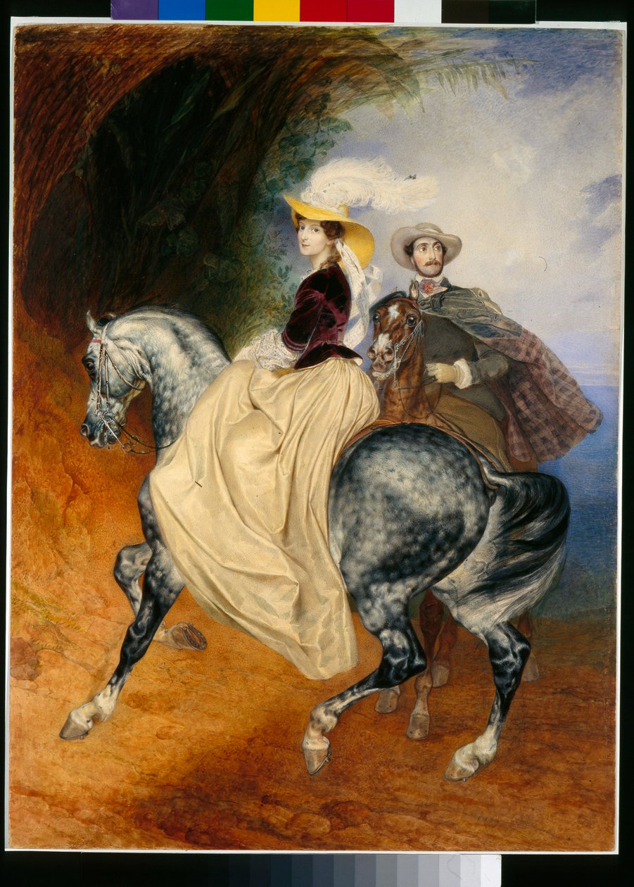 Ryttarna: porträtt av Eugene Mussard (cirka 1814-1896) och hans hustru Emilie (cirka 1832-1896) - Verk av Karl Pavlovich Briullov (Brioullov) (1799-1852) av Karl Pavlovich Bryullov