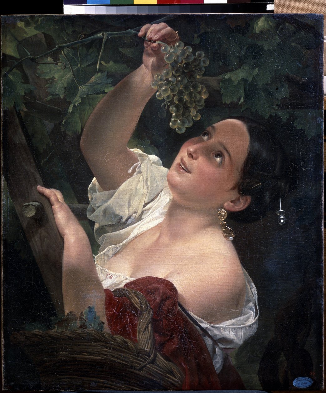 Italiensk middag (italiensk middag). Ung kvinna, bar axel, plockar en klase av druvor - Målning av Karl Pavlovich Briullov (Briullov) (1799-1852) - Olja på duk av Karl Pavlovich Bryullov