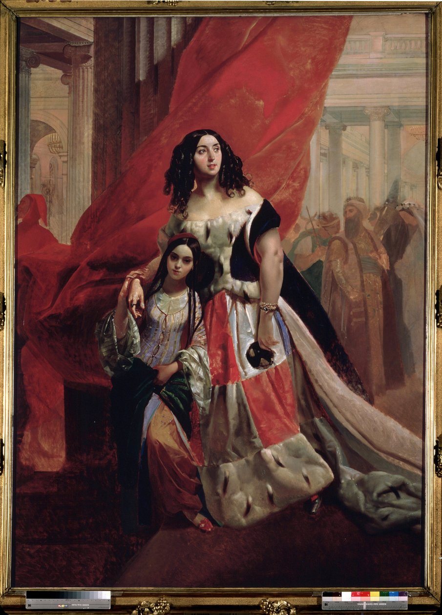 ""Porträtt av grevinnan Julia Samoilova och hennes vackra dotter Amazillia Pacini som lämnar en boll"" Målning av Karl Pavlovich briullov (Brioullov) (1799-1852) Statens ryska museum Sankt Petersburg av Karl Pavlovich Bryullov