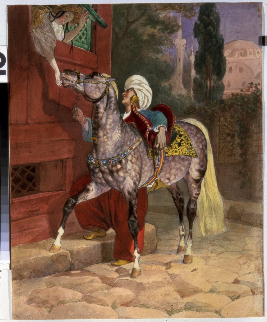 Träffas i Konstantinopel (nu Istanbul, Turkiet). En ung man i turban uppvaktar en ung flicka som lutar sig ut genom fönstret för att erbjuda socker till sin häst. I bakgrunden basilikan och moskén Saint Sophia. Konstverk av Karl Pavlovich av Karl Pavlovich Bryullov