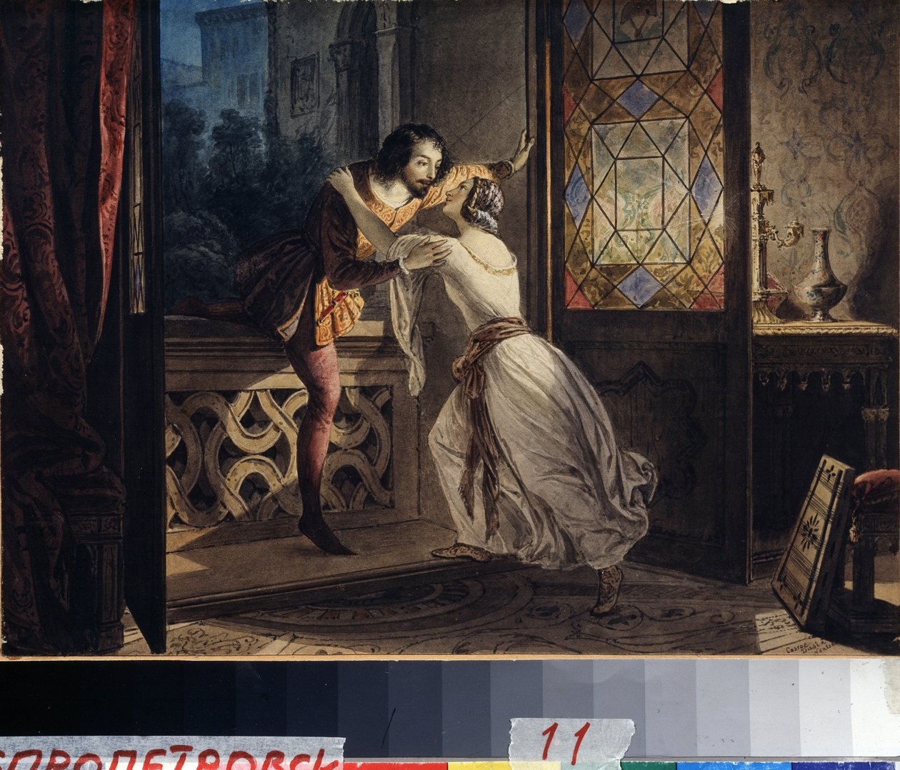 Romeo och Julia (Romeo och Julia). En man klättrar på en balkong för att hitta en kvinna på ett hemligt möte. Målning av Karl Pavlovich Briullov (Bryullov) (1799-1852). Akvarell på kartong, ca 1830, 23,2 x 31,5 cm, rysk konst av Karl Pavlovich Bryullov