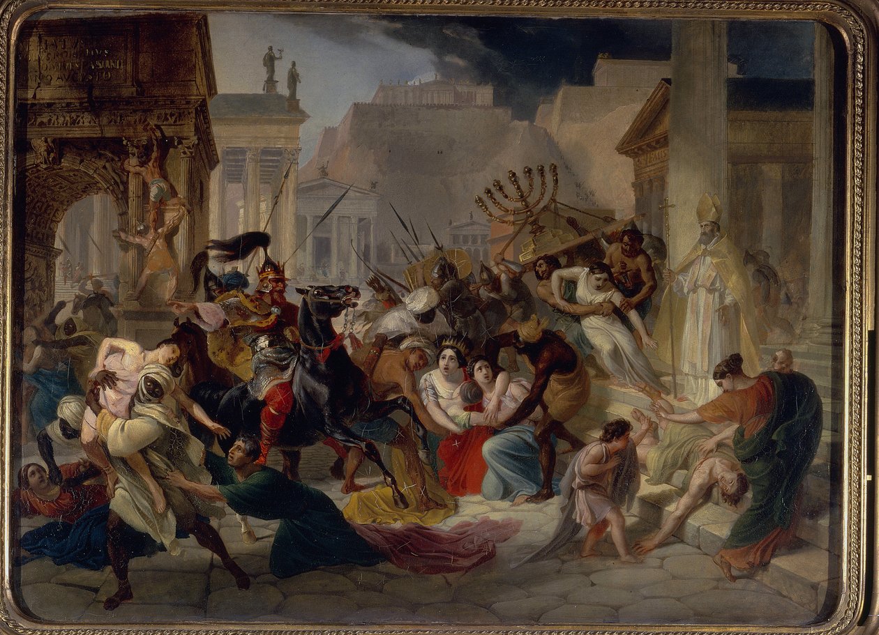 Plundring av Rom 455: Genseric (eller Geiseric) (cirka 399-477) och vandalerna invaderar Rom (Geiseric den Lame invaderar Rom). De plundrar staden och tar bort Menoran. (Menorah) Målning av Karl Pavlovich Briullov (Bryullov) (1799-1852) av Karl Pavlovich Bryullov