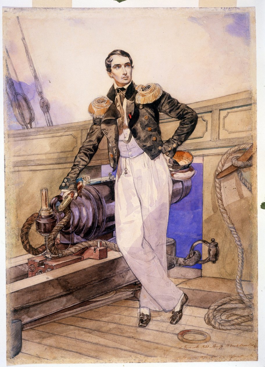 Vladimir Alekseevich Kornilov 1806-1854) ombord på briggen Themistokle. (Vladimir Alexeyevich Kornilov ombord på briggen Themistokles). Sjöofficer och stabschef för Svartahavsflottan, hjälte från Krimkriget (1853-1856), står upp av Karl Pavlovich Bryullov
