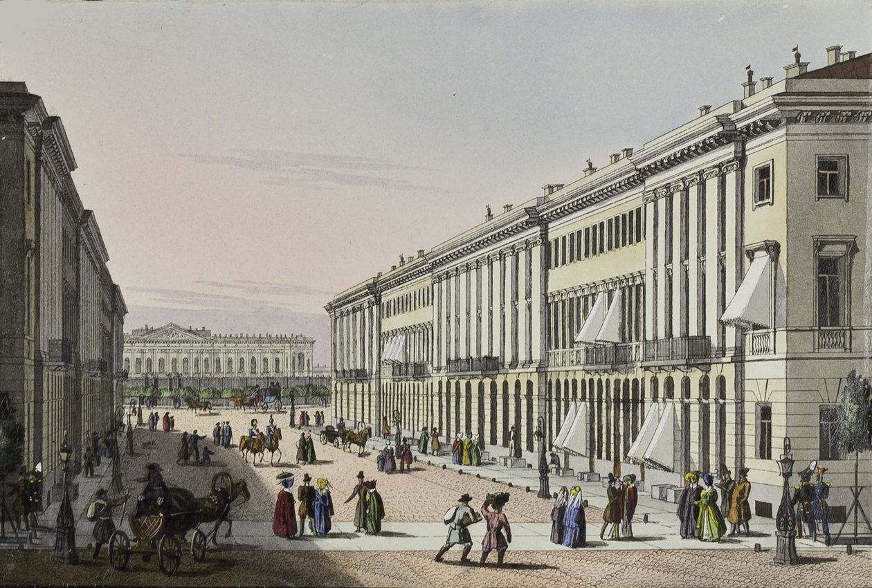 Mikhailovskaya-gatan med utsikt över Michaelpalatset i St. Petersburg, första hälften av den 19:e av Karl Petrovich Beggrov