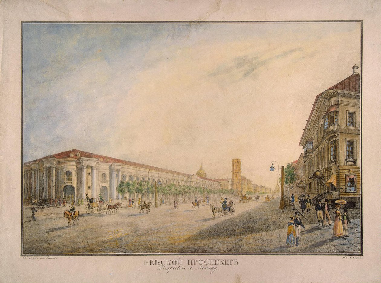 Utsikt över Nevsky Prospekt nära Gostiny Dvor i Sankt Petersburg, 1823 av Karl Petrovich Beggrov