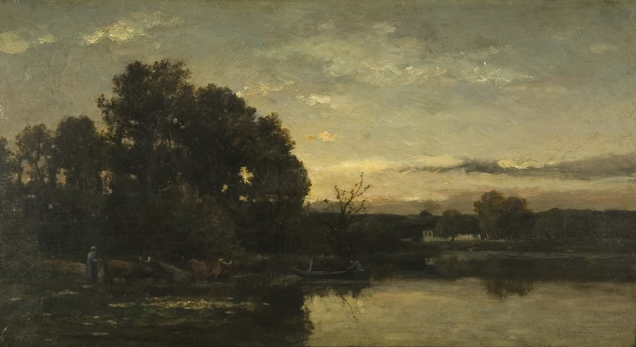 A River Landscape, ca 1880 (olja på panel) av Karl Pierre Daubigny