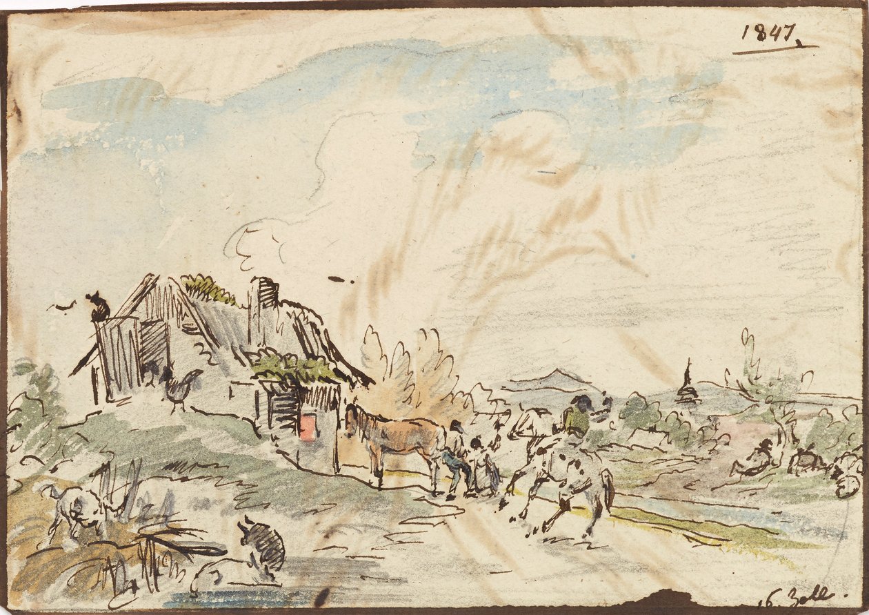 Lantlig idyll, bondgård med hästar av Karl Pischinger