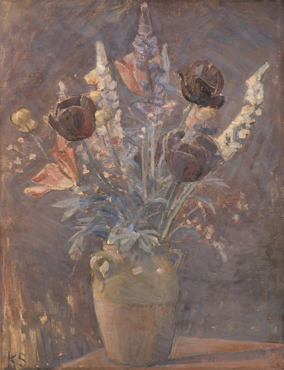 Lervas med tulpaner och andra blommor av Karl Schou