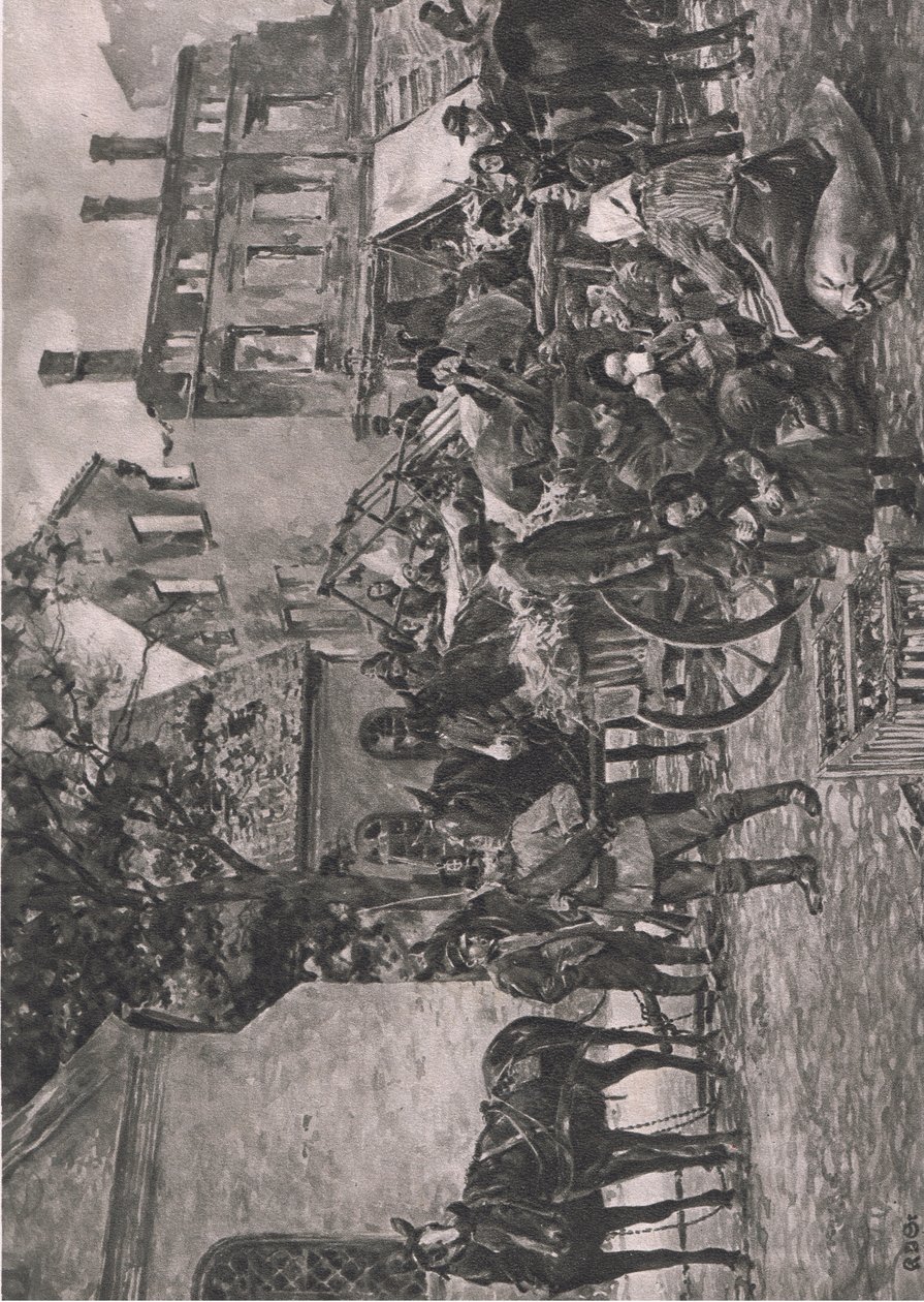 Östpreussiska flyktingar som återvänder hem, vilar på marknadsplatsen (torget) i Tapiau, illustration från Hindenburg publicerad av Daterlandischer Derlag C U Weller Berlin av Karl Storch