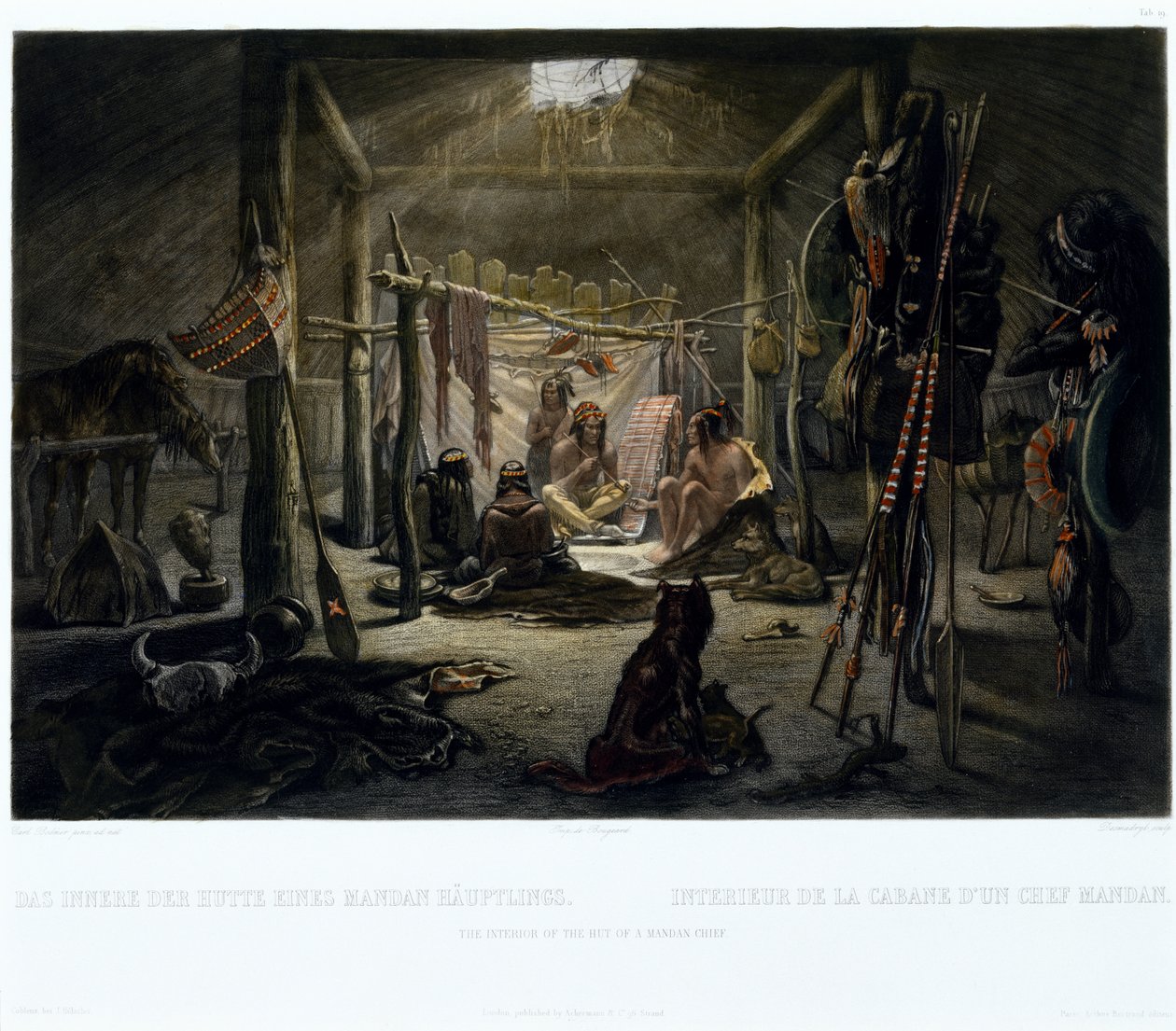 Interiören av en Mandan-hövdings koja, graverad av Narcisse Edmond Desmadryl (f.1801) c.1835 (gravyr med akvatint) av Karl after Bodmer
