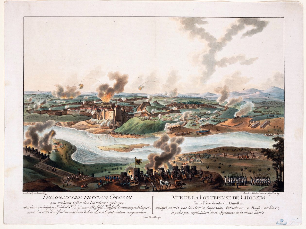 Belägringen av Khotyn (Chocim, Chotyn, Hotin, Choczim ou Khotine, Ukraina) 1788 - Schuetz, Carl (1745-1800) - 1788 - Kopparstick, akvarell - 36,6x48,3 - Privat samling av Karl von (after) Schutz