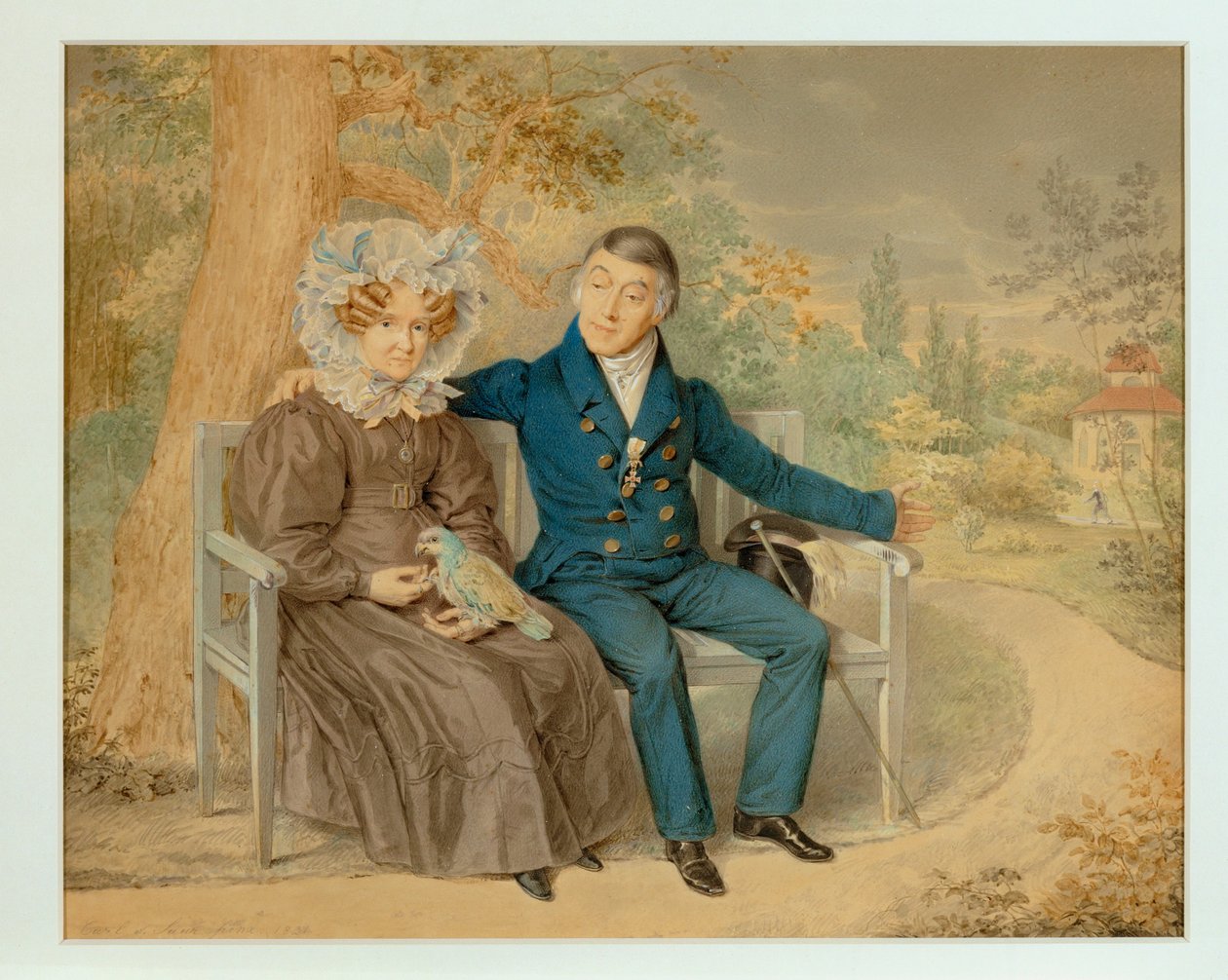 Gammalt par i en wienerträdgård ... (blyerts och akvarell) av Karl von Saar