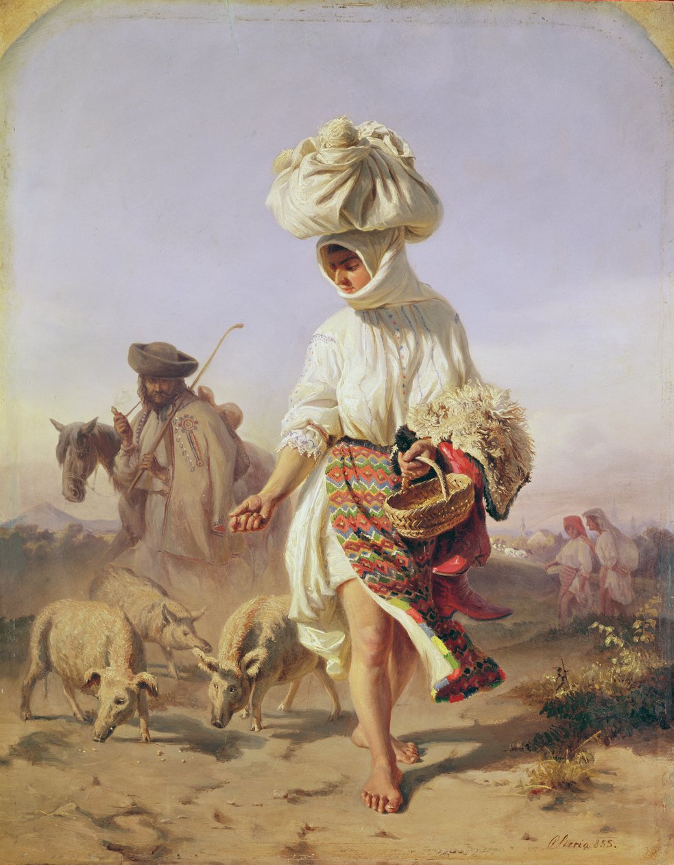 Bondflicka som matar grisar, 1855 av Karoly Sterio