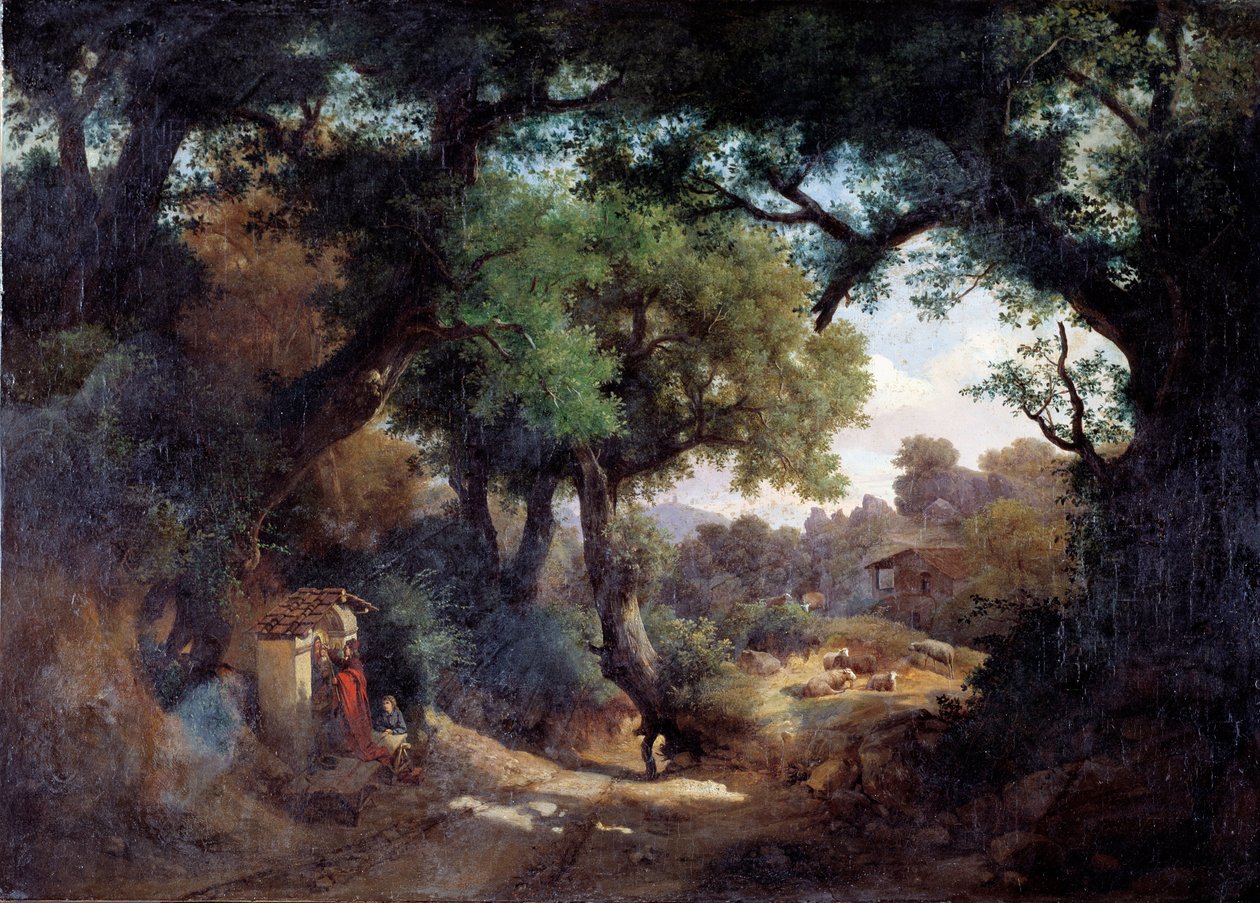 Representation av målaren Andrea del Castagno (1419-1457) med herde i ett landskap (Porträtt av målaren Andrea del Castagno och en herde i ett landskap) Målning av Carlo Marko junior (1822-1891) 1863 Dim 59x83 cm Genes, Galleria d 