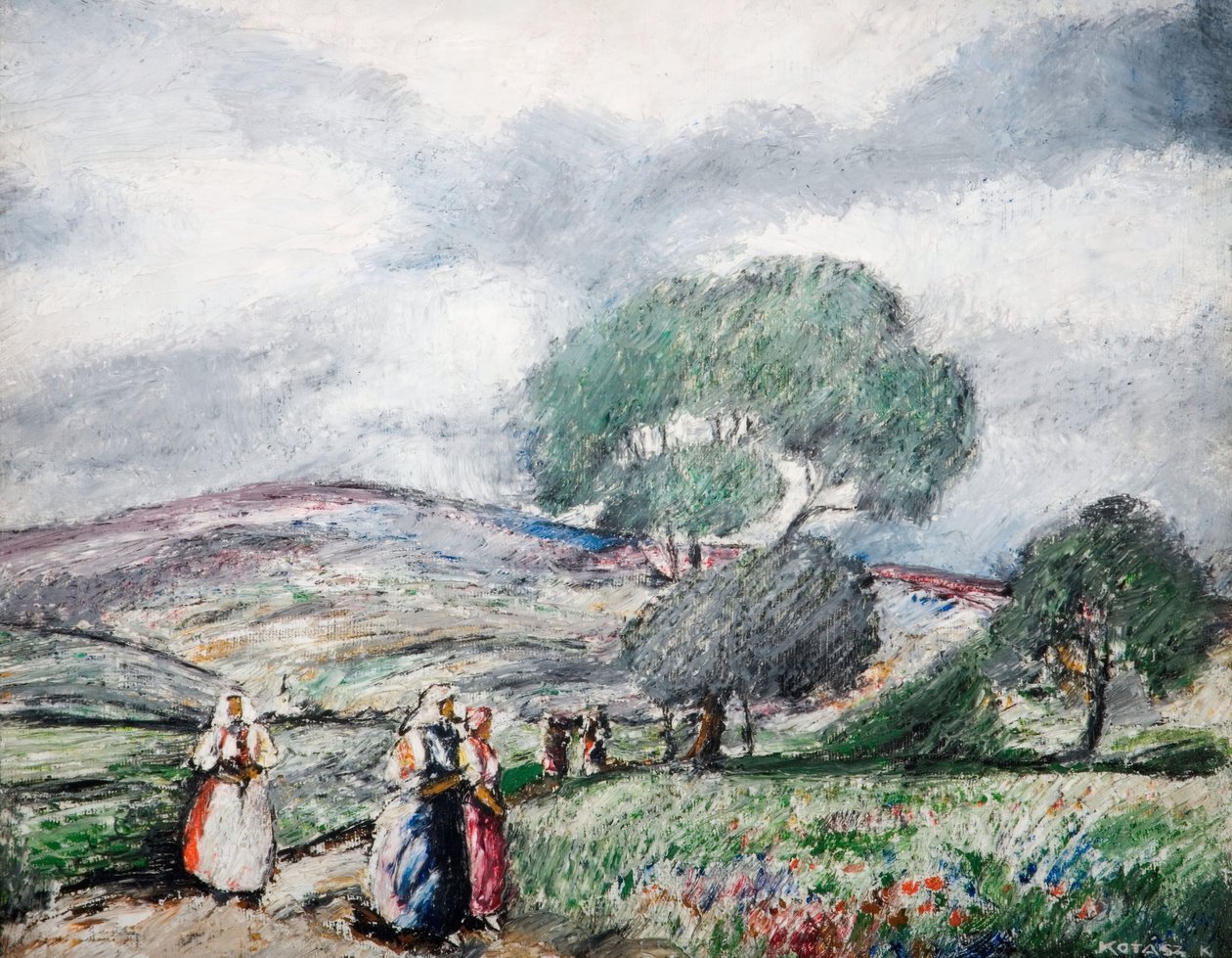 Stormigt landskap med blå och röda figurer, 1940. av Karoly Kotasz