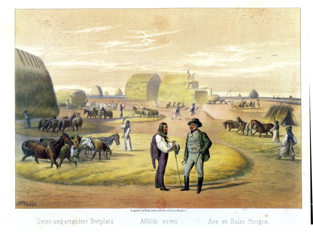 Att tröska vete i Ungern, från en bok av Baron Pronay, Budapest, 1855 av Karoly Sterio