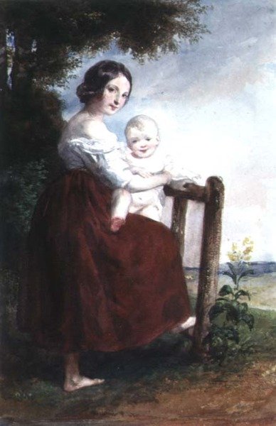 Flicka som håller en baby: Landskapsbakgrund av Karoly or Charles Brocky