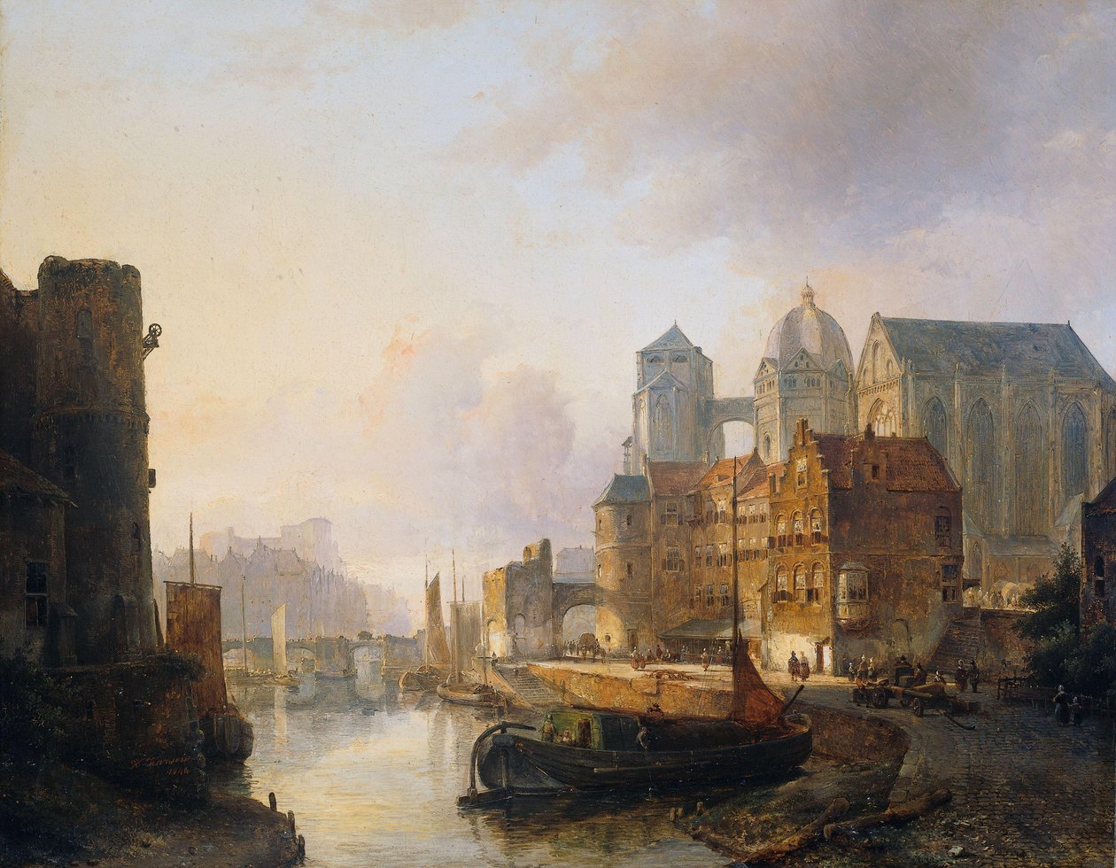 Fantasifull utsikt över en stad vid floden med Aachen-katedralen av Kasparus Karsen (signed by artist)