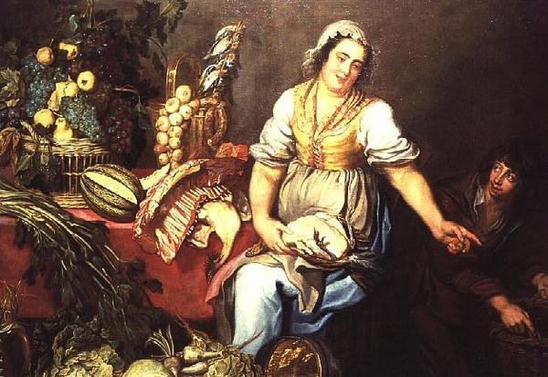 Köksstilleben med frukt, grönsaker och en flicka som håller en kyckling av Kasper or Gaspar van den Hoecke