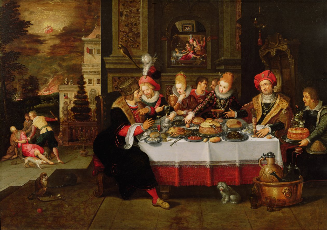 Lazarus og den rige mands bord (fra Lukas XVI) (panel) swed av Kasper or Gaspar van den Hoecke