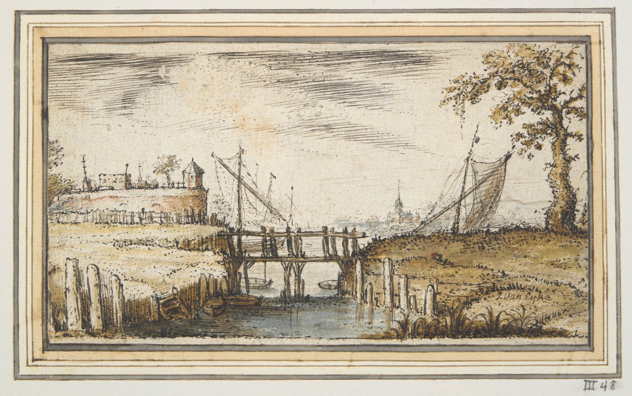 Spång med bastion och fartyg på avstånd av Kasper van Eyck