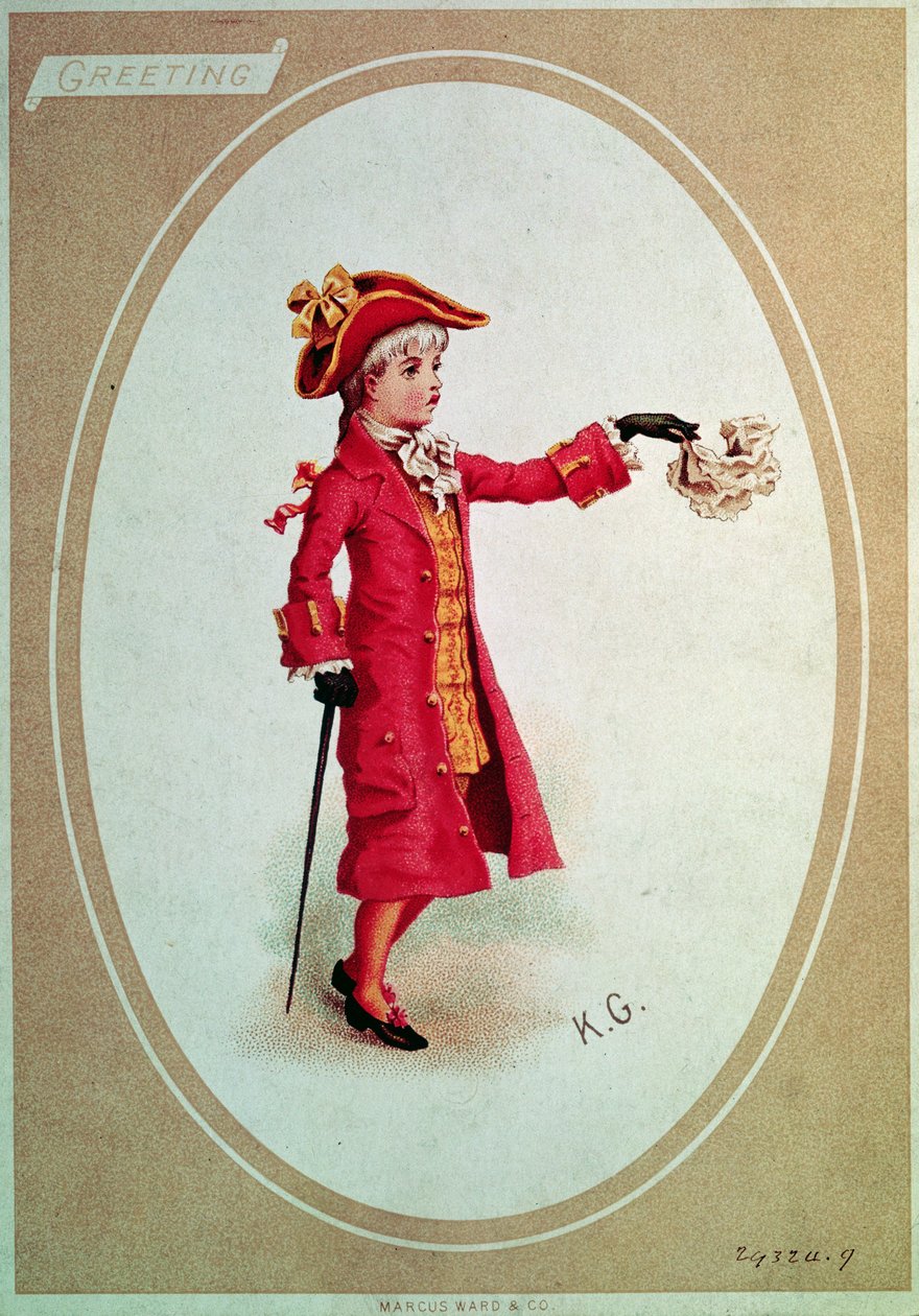 Pojke klädd i scarlet (viktorianskt kort) av Kate Greenaway