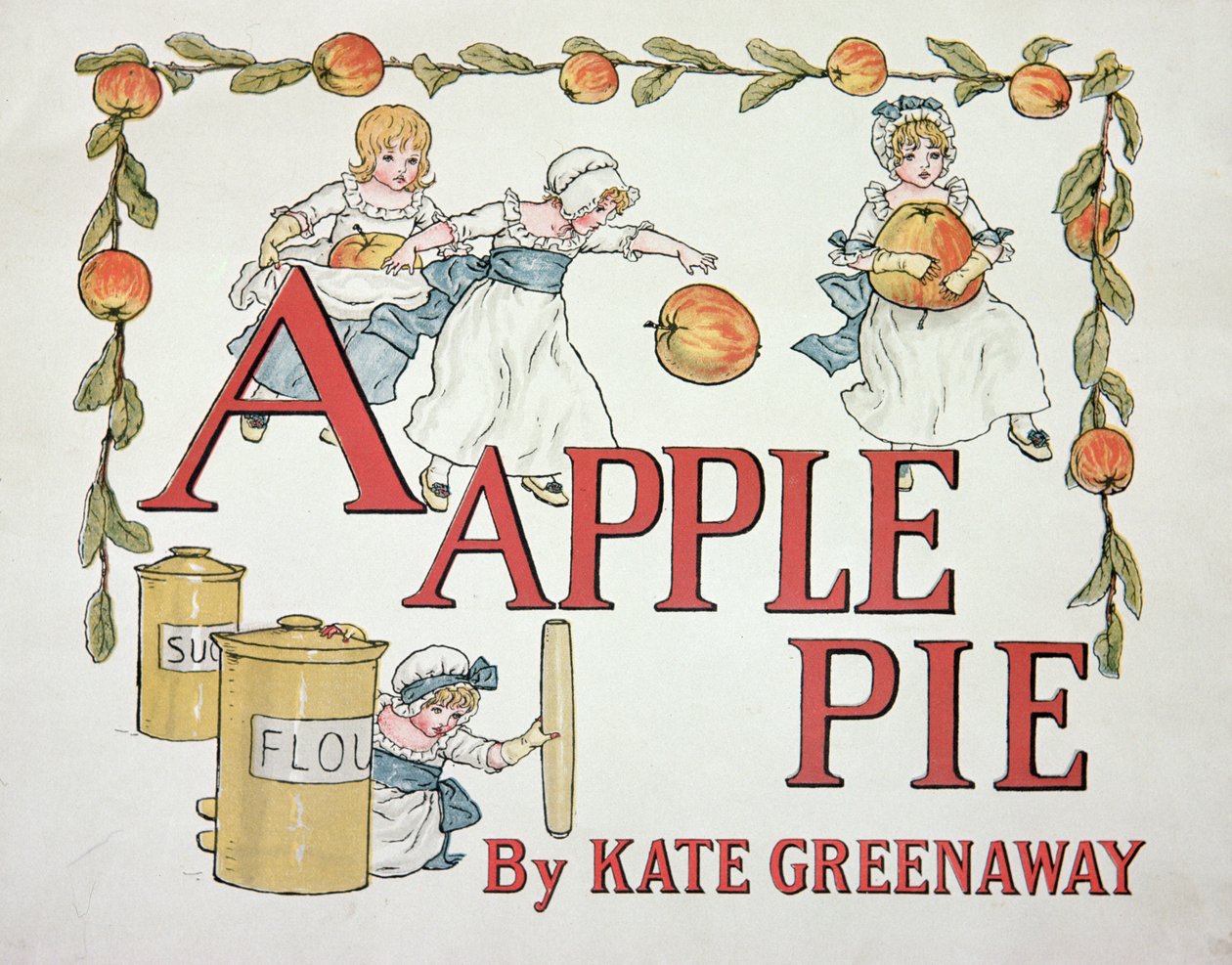 Illustration för bokstaven "A" från "Apple Pie Alphabet", publicerad 1885 av Kate Greenaway