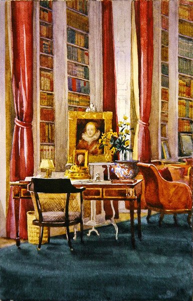 Library, Althorp, Northamptonshire, ca 1890 (akvarell på papper) av Kate Barnard
