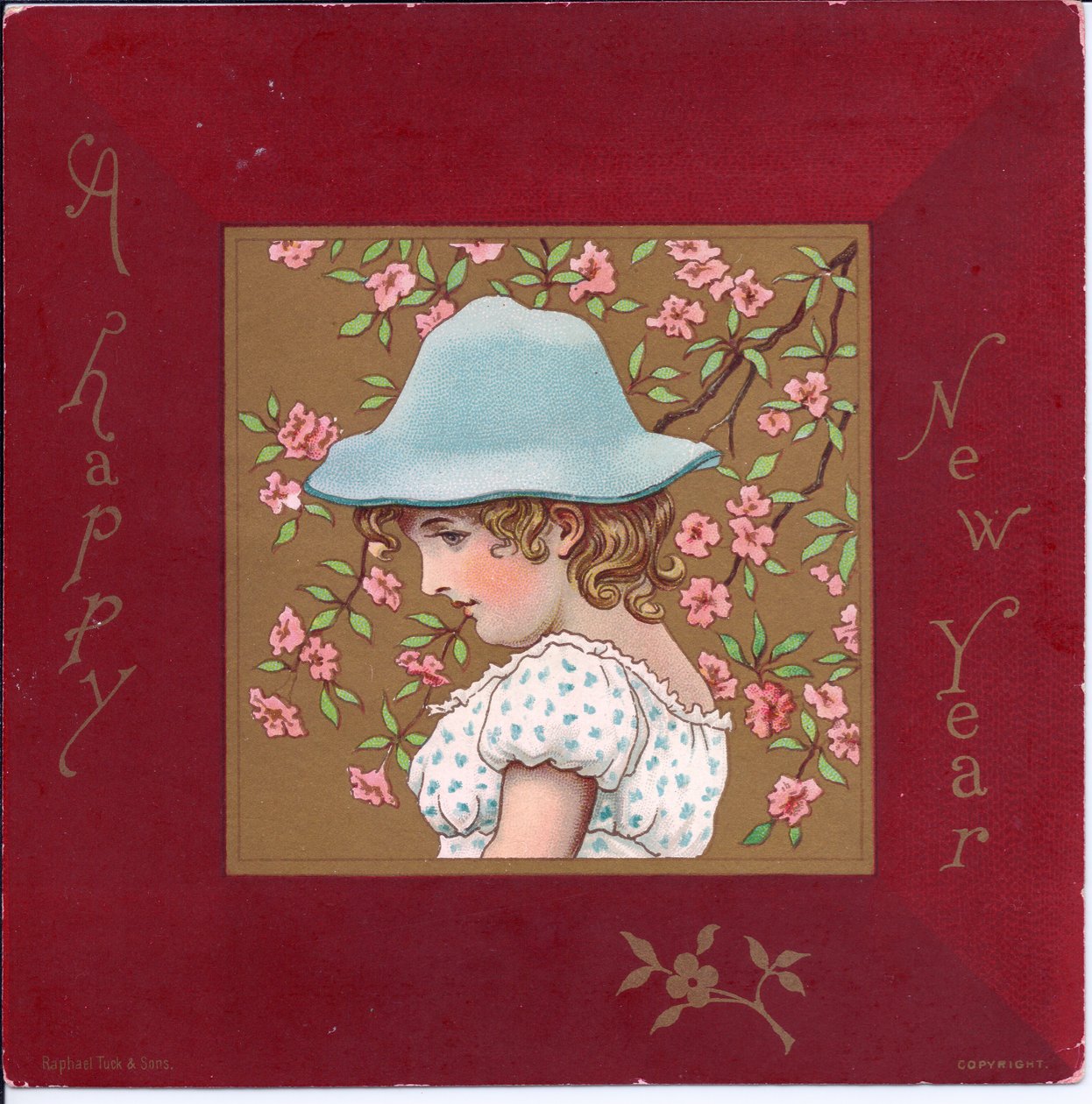 Ett viktorianskt julkort av en flicka klädd i regentskapskläder som håller en korg med blommor, ca 1880 av Kate Greenaway