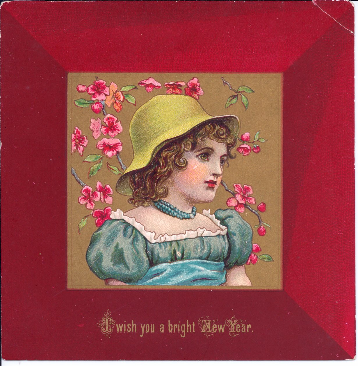 Ett viktorianskt julkort av en flicka klädd i regentskapskläder som håller i en bukett blommor, ca 1880 av Kate Greenaway