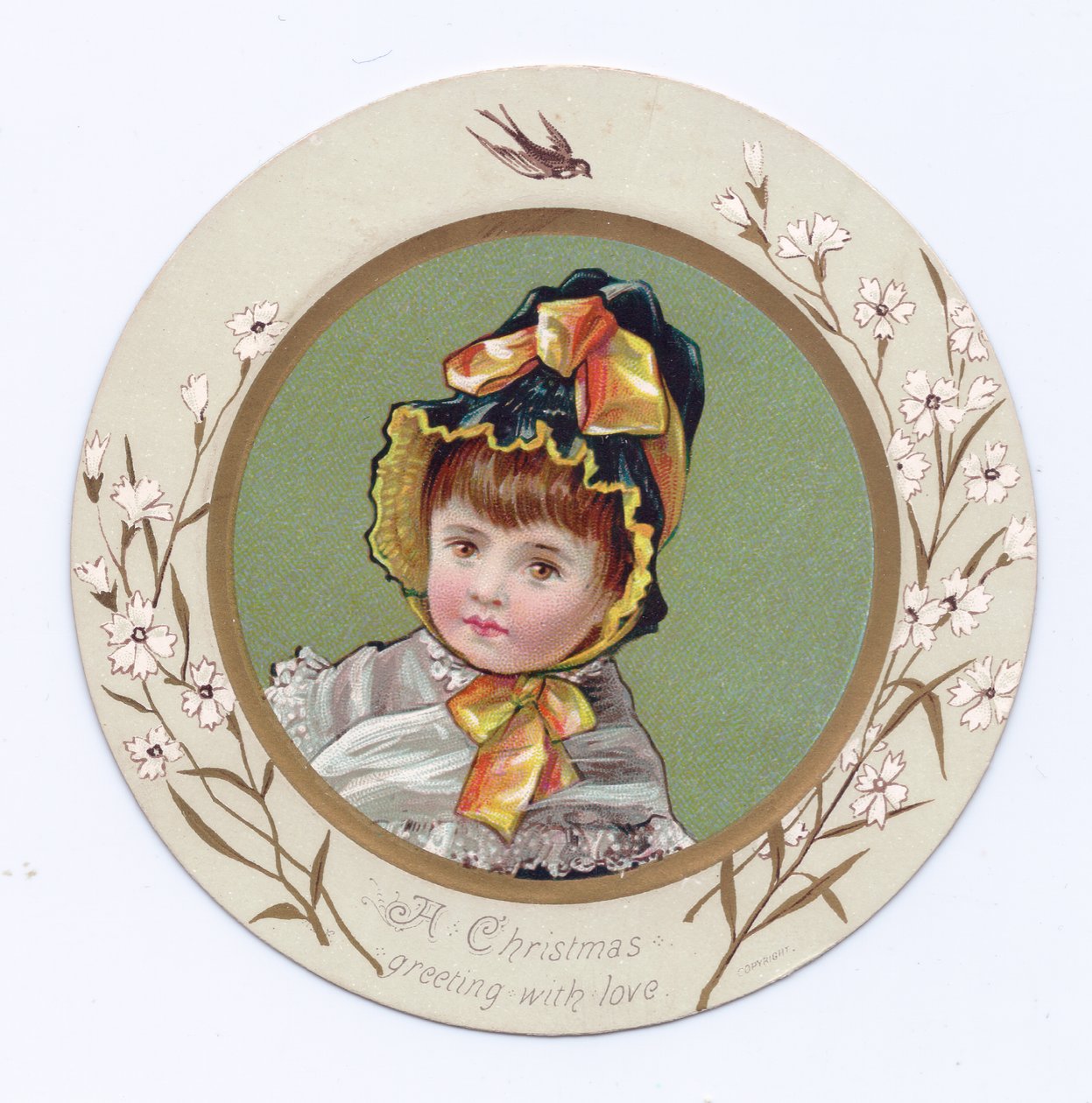 Ett viktorianskt gratulationskort av en pojke med armen runt en flicka som tittar på en bok, ca 1880 av Kate Greenaway