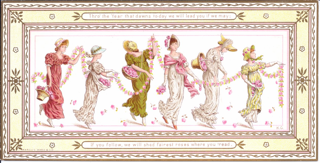 Ett viktorianskt gratulationskort av ett barn med en gul halsduk runt halsen, ca 1880 av Kate Greenaway