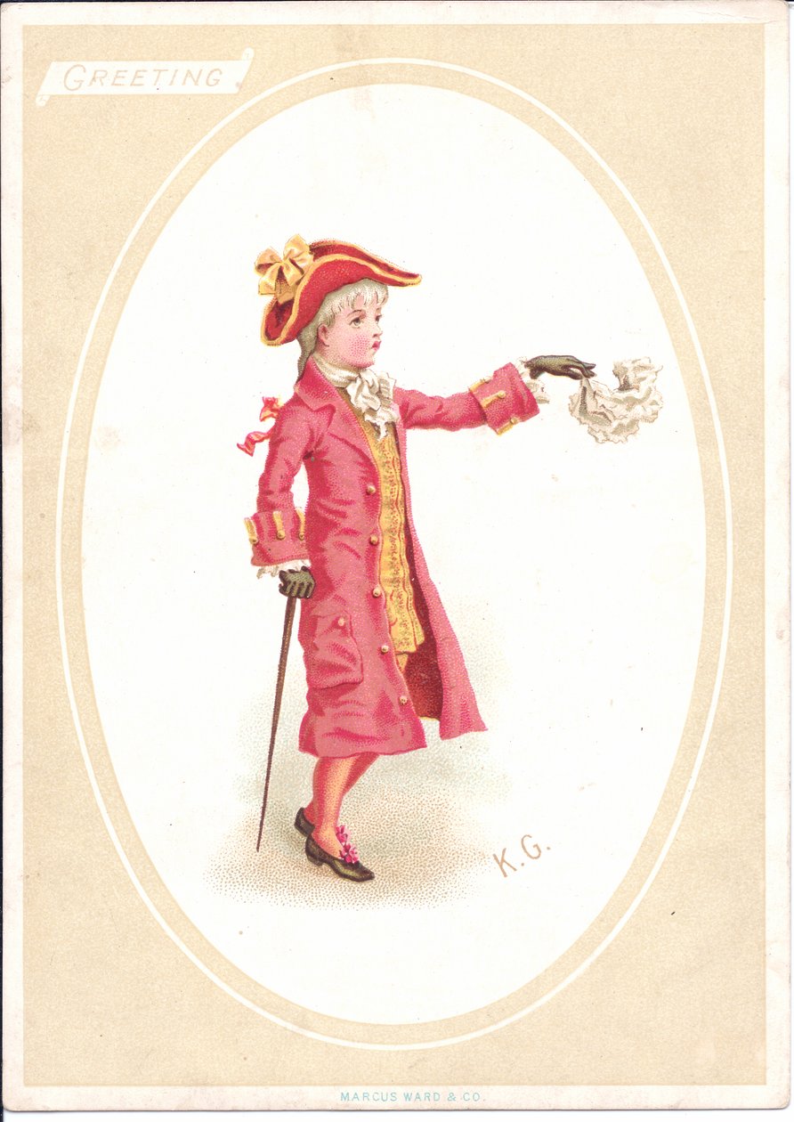 Ett viktorianskt gratulationskort med barn som sitter vid ett middagsbord medan en utklädd till en kock slipar skärkniven, ca 1880 av Kate Greenaway