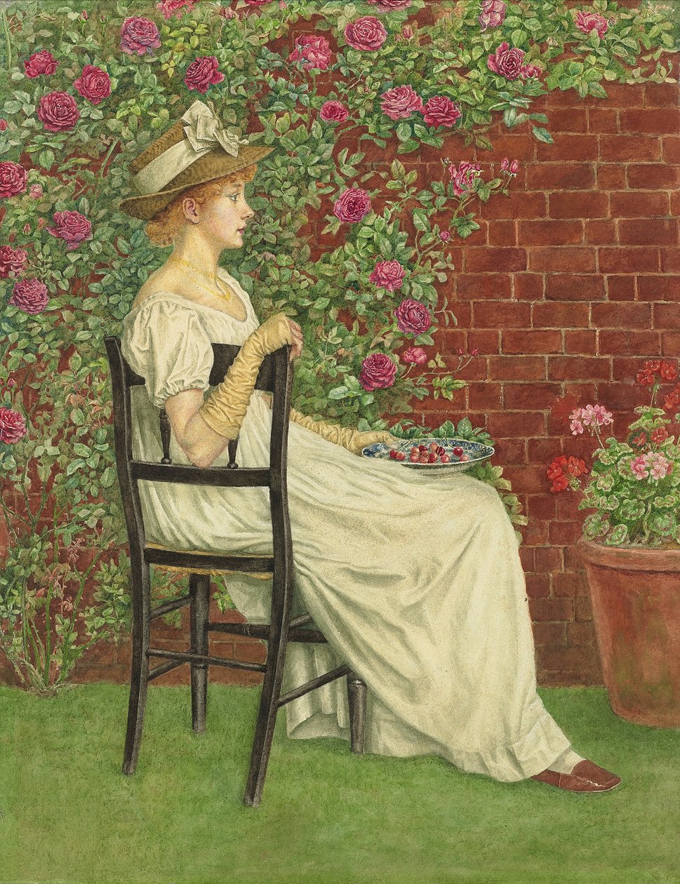 En ung flicka sitter i en stol, en skål med körsbär i handen, av Kate Greenaway